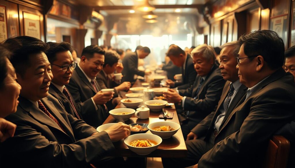 A bustling warung bakmi, its wooden benches and tables filled with local officials and dignitaries savoring the steaming bowls of noodles. The room is bathed in warm, golden lighting, casting a cozy, convivial atmosphere. In the foreground, a group of men in suits and ties lean in, engaged in lively conversation, their faces reflecting the familiar camaraderie of seasoned politicians. In the middle ground, a server deftly navigates the tables, refilling cups and delivering fresh plates. The background is a hazy blur of additional patrons, the clatter of dishes, and the enticing aroma of spices and simmering broth. This candid, slice-of-life scene captures the informal, yet influential, gatherings of Indonesia's political elite, their shared love of a beloved local dish uniting them across party lines.