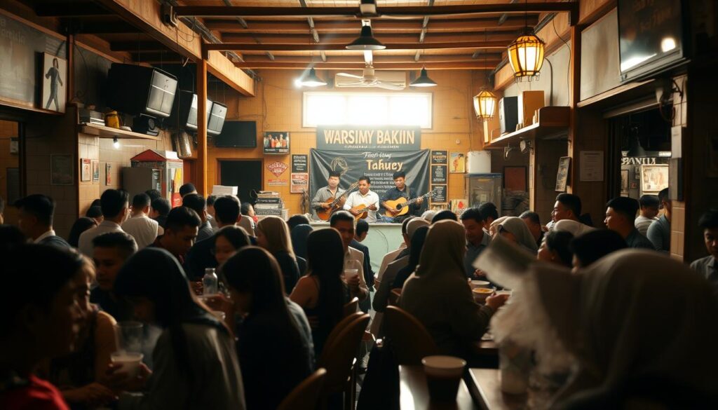 A bustling warung bakmi (noodle shop) in Solo, Indonesia, with a lively musical performance on a small stage. The foreground showcases the crowded dining area, with patrons enjoying steaming bowls of bakmi and sipping on hot drinks. In the middle ground, a local band plays traditional Indonesian music, their instruments and musicians visible through the throng of customers. The background depicts the warm, rustic interior of the warung, with wooden beams, hanging lamps, and a charming, lived-in atmosphere. Soft, natural lighting filters in, creating a cozy and inviting ambiance. The overall scene captures the vibrant, communal spirit of a beloved local eatery hosting a beloved musical act.