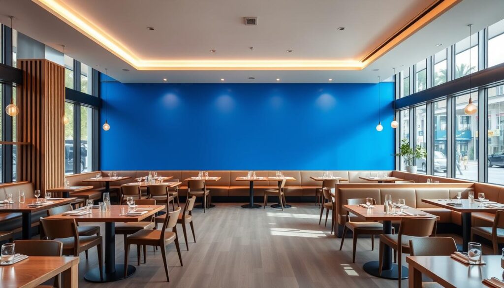 A modern, minimalist restaurant interior with a sleek, contemporary design. The center of the space features a prominent "bluezone" - a designated dining area with a bold, vibrant blue accent wall. Soft, indirect lighting casts a warm, inviting glow, complementing the natural wood tones and clean, geometric lines of the furnishings. Large windows allow ample natural light to flood the space, creating an airy, open atmosphere. The overall ambiance is chic, sophisticated, and perfectly suited for a high-end vegan dining experience.
