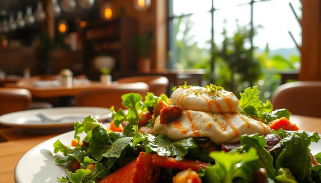 A vibrant and nourishing vegan meal, showcased in a warm, inviting restaurant setting. In the foreground, a delectable plant-based dish, bursting with color and texture - leafy greens, roasted vegetables, and a creamy, protein-rich accompaniment. In the middle ground, the cozy, minimalist decor of the vegan establishment, with natural wood tones and soothing ambient lighting. The background depicts a serene, sun-dappled outdoor scene, hinting at the restaurant's commitment to sustainability and connection with nature. The overall scene conveys the healthful, ethical, and satisfying experience of dining at a premier vegan restaurant.