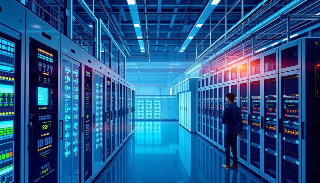 A detailed illustration of a reliable Medium Voltage/Low Voltage (MV/LV) power distribution system in a cutting-edge AI data center. In the foreground, include sleek, high-tech equipment featuring advanced circuit panels and illuminated control interfaces. The middle layer should showcase rows of server racks, with glowing LED lights indicating operational status, while technicians in professional attire monitor the systems. In the background, depict large transformers and power distribution units efficiently managing energy flow. Soft, bluish lighting highlights the modern architecture of the data center, conveying a high-tech atmosphere. Capture the scene from a slightly elevated angle, emphasizing the complexity and design of the power distribution layout, creating a sense of innovation and reliability in the environment. A detailed illustration of a reliable Medium Voltage/Low Voltage (MV/LV) power distribution system in a cutting-edge AI data center. In the foreground, include sleek, high-tech equipment featuring advanced circuit panels and illuminated control interfaces. The middle layer should showcase rows of server racks, with glowing LED lights indicating operational status, while technicians in professional attire monitor the systems. In the background, depict large transformers and power distribution units efficiently managing energy flow. Soft, bluish lighting highlights the modern architecture of the data center, conveying a high-tech atmosphere. Capture the scene from a slightly elevated angle, emphasizing the complexity and design of the power distribution layout, creating a sense of innovation and reliability in the environment.