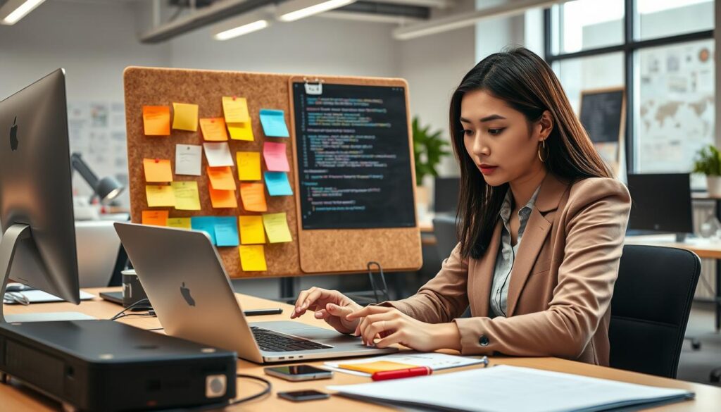 A detailed workspace scene showing a professional software developer, a young Asian woman in modest business attire, examining code on her laptop to strategize reducing bugs in iOS. The foreground features the developer with focused expression, surrounded by tech gadgets like an iPhone and debugging tools. In the middle, an assortment of colorful sticky notes representing strategies are pinned on a corkboard. The background showcases a modern office environment with sleek furniture, soft daylight filtering through large windows, and various technical diagrams on the walls. The atmosphere is one of concentration and problem-solving, with a warm, inviting lighting that highlights the developer’s intense focus on resolving post-update bugs and errors.