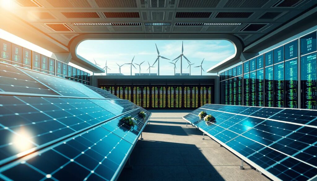 A modern renewable energy data center showcasing a harmonious integration of solar panels and wind turbines within a sleek, futuristic architectural design. In the foreground, powerful solar arrays glint under bright daylight, casting geometric shadows on the ground. The middle layer features a spacious, technologically advanced data center filled with glowing servers, illuminated by soft blue and green LED lights to signify renewable energy use. The background displays a skyline with wind turbines turning slowly against a clear sky, emphasizing sustainability. The scene is captured with a wide-angle lens, creating a dynamic perspective, while the overall atmosphere invokes a sense of innovation and ecological responsibility. The lighting is bright yet balanced, highlighting the modernity and clean energy focus of the data center. A modern renewable energy data center showcasing a harmonious integration of solar panels and wind turbines within a sleek, futuristic architectural design. In the foreground, powerful solar arrays glint under bright daylight, casting geometric shadows on the ground. The middle layer features a spacious, technologically advanced data center filled with glowing servers, illuminated by soft blue and green LED lights to signify renewable energy use. The background displays a skyline with wind turbines turning slowly against a clear sky, emphasizing sustainability. The scene is captured with a wide-angle lens, creating a dynamic perspective, while the overall atmosphere invokes a sense of innovation and ecological responsibility. The lighting is bright yet balanced, highlighting the modernity and clean energy focus of the data center.