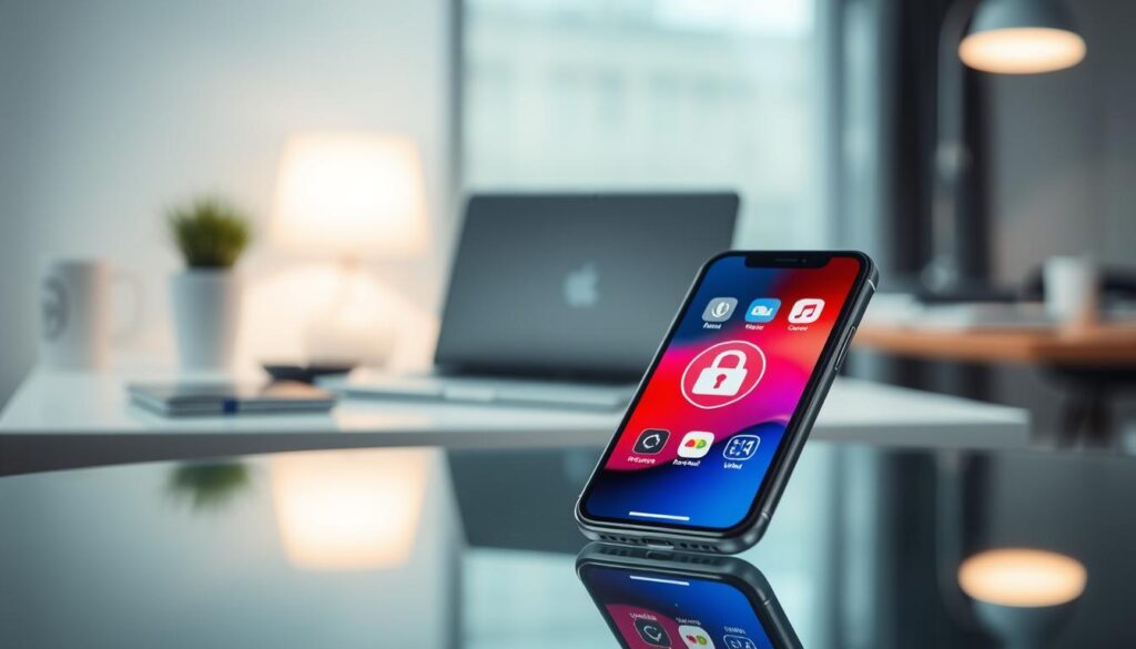 A sleek, modern iPhone sitting prominently on a glass table, showcasing its vibrant screen filled with security icons and features symbolizing iOS security. The foreground includes a close-up of the phone, reflecting a subtle glow, while the middle features a blurred view of a stylish workspace with a laptop and tech accessories, reinforcing a professional atmosphere. In the background, soft, ambient lighting creates a calming environment, highlighting a sense of security and technology. The overall mood is reassuring and sophisticated, emphasizing the importance of utilizing iOS security features effectively. The scene captures the essence of modern technology and safety without any text or distractions.