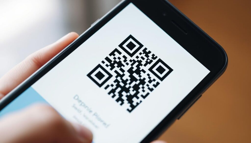 a close-up view of a smartphone screen displaying a QR code, with a hand holding the phone in the foreground. the QR code should be clear and easily scannable. the background should be slightly blurred, conveying a sense of simplicity and focus on the QR code. the lighting should be soft and natural, creating a clean and inviting atmosphere. the angle should be from a slightly elevated perspective, making the QR code the central and most prominent element of the image.