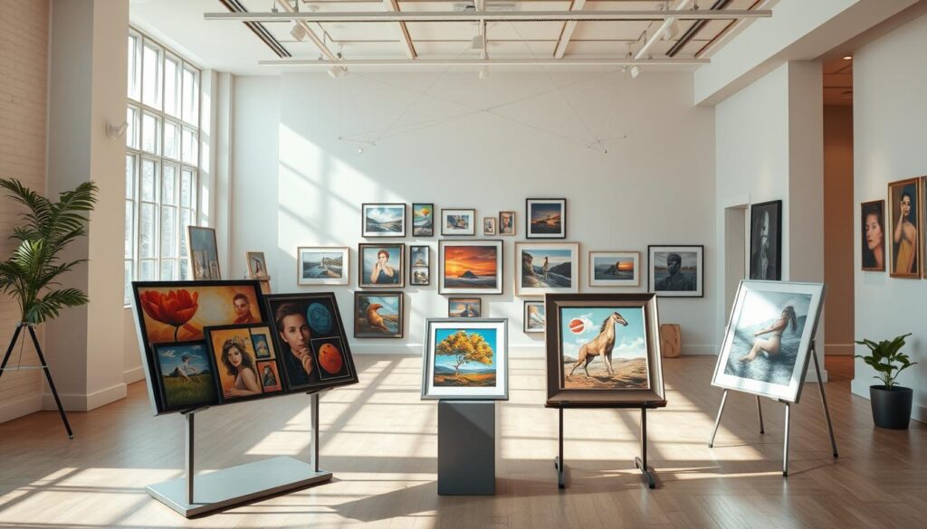 A beautifully arranged gallery portfolio showcasing various artistic works in a bright, inviting space. In the foreground, there are several frames displaying vibrant paintings and stunning photographs, elegantly positioned on a sleek, modern display stand. The middle layer features a well-lit wall exhibiting a selection of works, with natural light streaming in through large windows, enhancing the colors of the art. The background includes soft, neutral-colored walls and minimalist decor, creating an atmosphere of professionalism and creativity. The lighting is bright and inviting, with gentle shadows adding depth, evoking a sense of inspiration and admiration. The overall mood is uplifting and creative, ideal for displaying the artist's best pieces. A beautifully arranged gallery portfolio showcasing various artistic works in a bright, inviting space. In the foreground, there are several frames displaying vibrant paintings and stunning photographs, elegantly positioned on a sleek, modern display stand. The middle layer features a well-lit wall exhibiting a selection of works, with natural light streaming in through large windows, enhancing the colors of the art. The background includes soft, neutral-colored walls and minimalist decor, creating an atmosphere of professionalism and creativity. The lighting is bright and inviting, with gentle shadows adding depth, evoking a sense of inspiration and admiration. The overall mood is uplifting and creative, ideal for displaying the artist's best pieces.