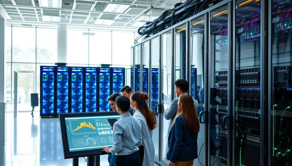 A high-performance computing platform for research, featuring a sleek, modern supercomputer with multiple towering servers and intricate, colorful LED lights in a bright laboratory setting. In the foreground, a diverse group of researchers in professional attire collaborate around a touchscreen display showing complex data visualizations. The middle ground showcases the impressive supercomputer, with cables and cooling systems elegantly organized. The background includes large windows allowing natural light to flood the room, emphasizing the advanced technology and open atmosphere. The scene conveys innovation, collaboration, and cutting-edge research, with a focus on the power of high-performance computing in advancing scientific endeavors. Use soft, natural lighting to enhance the professionalism and excitement of the environment.
