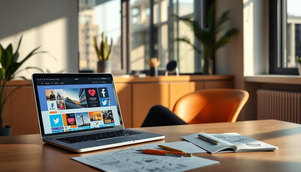 A modern workspace showcasing the integration of social media on a website. In the foreground, a laptop displays a colorful website layout with various social media icons like Facebook, Instagram, and Twitter. A professional individual, dressed in business casual attire, sits at the desk, thoughtfully working on the laptop. In the middle ground, there are design tools and sketchpads illustrating ideas for website layout. In the background, a large window allows natural light to flood the room, enhancing the creative atmosphere. Soft shadows cast by plants on the windowsill add warmth to the scene. The overall mood is inspiring and productive, encouraging creativity and innovation in web design, focusing on social media integration. A modern workspace showcasing the integration of social media on a website. In the foreground, a laptop displays a colorful website layout with various social media icons like Facebook, Instagram, and Twitter. A professional individual, dressed in business casual attire, sits at the desk, thoughtfully working on the laptop. In the middle ground, there are design tools and sketchpads illustrating ideas for website layout. In the background, a large window allows natural light to flood the room, enhancing the creative atmosphere. Soft shadows cast by plants on the windowsill add warmth to the scene. The overall mood is inspiring and productive, encouraging creativity and innovation in web design, focusing on social media integration.