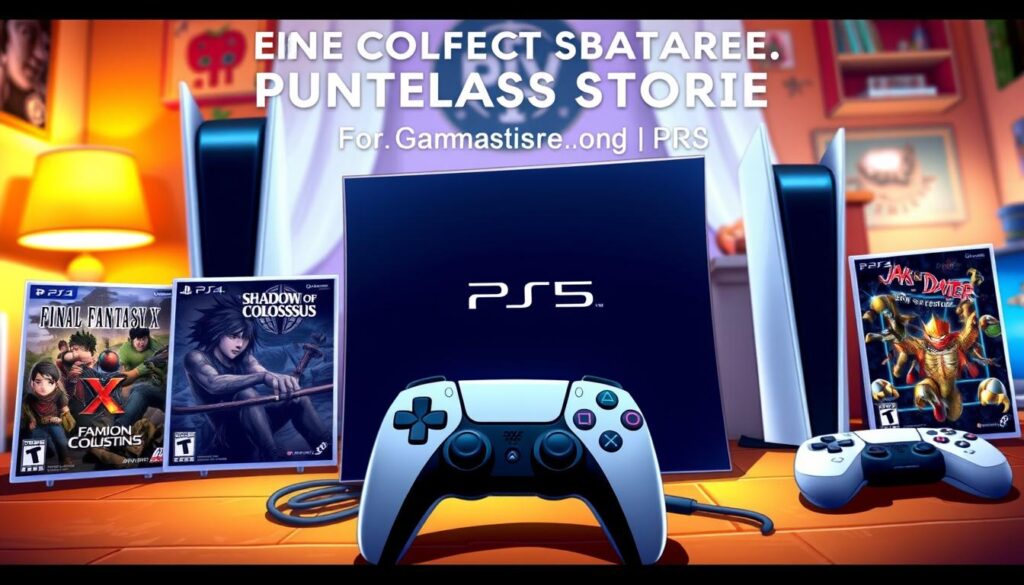 A vibrant and dynamic illustration showcasing iconic PS2 games available on the PS5 Store. In the foreground, highlight remastered game covers, displaying brilliant artwork from legendary titles such as "Final Fantasy X," "Shadow of the Colossus," and "Jak and Daxter." The middle ground features a stylish, modern gaming console with a glowing PS5 logo, surrounded by a nostalgic gaming setup, including a sleek controller and retro gaming accessories. In the background, create a soft-focus playroom ambiance with ambient lighting in warm hues, suggesting a cozy gaming space. Capture a sense of excitement and nostalgia, evoking the passion for these classic games while focusing on the remastered nature. Ensure the overall atmosphere feels inviting and exhilarating, suitable for gaming enthusiasts.