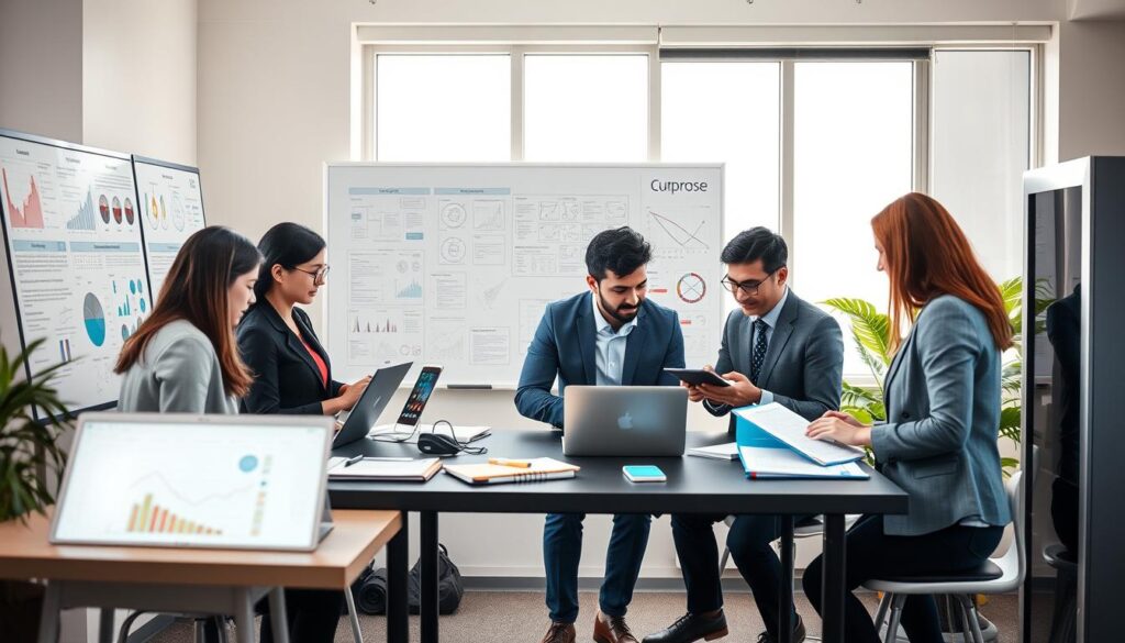 A vibrant and dynamic scene depicting a collaborative learning environment centered around research and knowledge-sharing. In the foreground, a diverse group of five professionals, dressed in smart casual attire, are engaged in a discussion over laptops, notebooks, and scientific posters, each displaying graphs and data. The middle ground features a whiteboard filled with colorful diagrams and research concepts, while on a nearby table, a high-tech supercomputer glows softly, symbolizing accessible technology. The background encompasses a large window that allows natural light to flood the space, promoting a warm and inviting atmosphere. Use a slightly angled perspective to emphasize depth in the scene, with soft shadows to create a sense of realism and creativity in this supportive learning community.