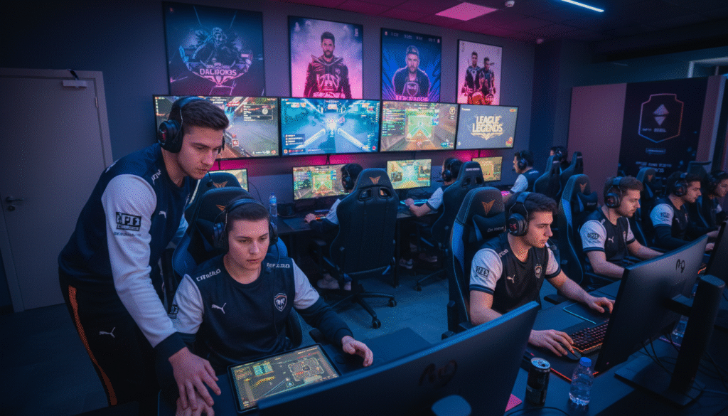 A vibrant esports team practicing in a modern gaming facility, focused intensely on their screens. In the foreground, two players in professional casual attire collaborate while adjusting strategies on a digital tablet. In the middle, a group of four players are seated at ergonomic gaming chairs, deeply engaged, with colorful LED lights illuminating their faces, creating an energetic atmosphere. The background features large monitors displaying game footage and team statistics, with posters of famous esports events adorning the walls. The lighting is dynamic, with a mix of cool and warm tones, reminiscent of a competition atmosphere, enhancing the motivation and determination of the team. The perspective captures the synergy and teamwork essential for building a solid esports dynasty.