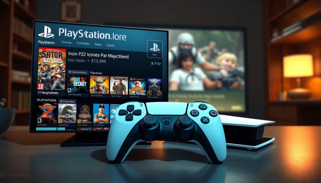 A vivid and engaging illustration of a PlayStation Store interface focused on PS2 remastered games priced at $7.99. In the foreground, display a sleek digital storefront with vibrant game covers showcasing 17 iconic PS2 titles, all in high resolution. The middle ground features a modern console setup, with a PS5 controller prominently displayed, inviting users to explore. In the background, create a blurred image of an online shopping experience, enhancing the sense of immersion. Soft, warm lighting casts an inviting glow, creating a cozy atmosphere reminiscent of late-night gaming. Use a dynamic angle to capture the excitement of discovering classic games, all while maintaining a professional and polished aesthetic without any text overlays or distractions.