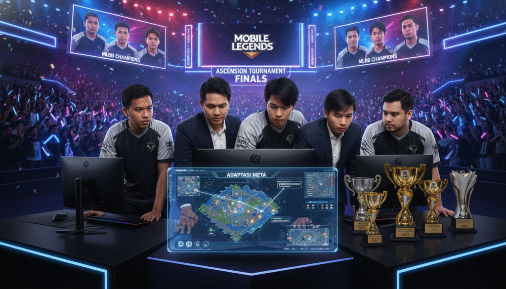 An intense esports scene depicting a strategic meeting before a Mobile Legends tournament. In the foreground, a focused group of diverse, professional gamers, dressed in sleek esports jerseys and business casual attire, analyze a game map on a digital screen, highlighting the adaptasi meta game strategies. The middle layer showcases a vibrant and dynamic gaming environment, filled with gaming gear and trophies that represent their past victories. The background features a large auditorium filled with cheering fans, illuminated by colorful lights and screens displaying the tournament. The lighting is bright and engaging, creating a sense of excitement and pressure. The mood conveys determination and collaboration as they strategize their approach to maintaining their competitive edge after initial success.