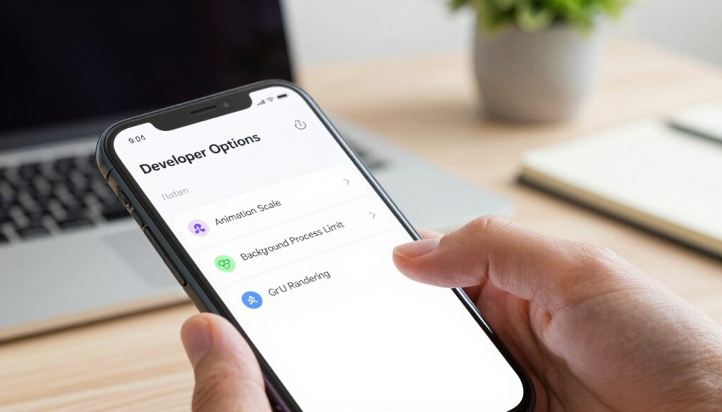 A close-up view of a smartphone screen showcasing the Developer Options menu for optimizing performance settings. The foreground features a detailed smartphone with sleek edges and a vibrant display, focusing on specific settings like "Animation Scale," "Background Process Limit," and "GPU Rendering." In the middle, a soft-focus hand is interacting with the screen, illustrating the user experience. The background consists of a blurred modern workspace with a laptop, notepad, and a potted plant, conveying a professional atmosphere. The lighting is bright and inviting, emphasizing clarity and productivity. The overall mood is one of tech-savvy efficiency, inspiring users to enhance their mobile performance.