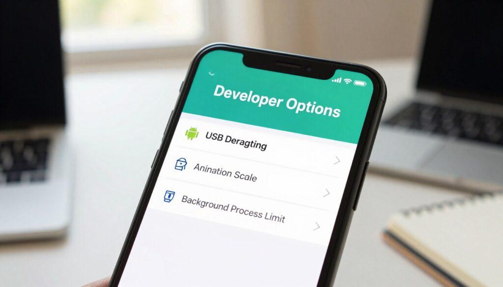 A close-up view of an Android phone's Developer Options menu displayed on the screen, showcasing various settings like "USB Debugging," "Animation Scale," and "Background Process Limit." The phone is set against a soft-focus background of a modern workspace, featuring a clean desk with a laptop and notepad. Natural light filters in through a window, creating a warm, inviting atmosphere. The scene is captured from a slightly elevated angle, emphasizing the phone screen and its glowing interface. The colors are vibrant but balanced, ensuring the menu details are legible and visually appealing, conveying a sense of tech-savvy professionalism. No people are present, creating an unobstructed view of the menu.